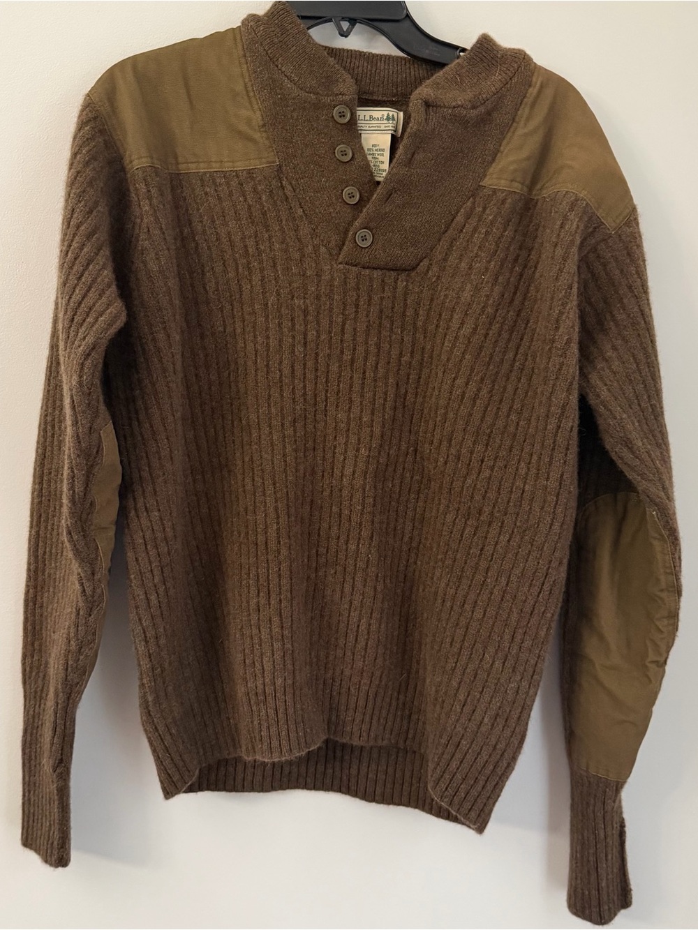 LL Bean Sweater Mens L-Reg Commando Merino Wool Elbow Patch Brown Knit Crew